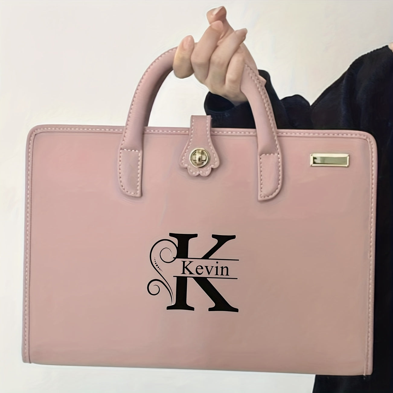 1 Pink PU Leather Laptop Tote Bag with Personalized Name, Floral Pattern, Magnetic Flap Closure, Portable Briefcase for Office and School